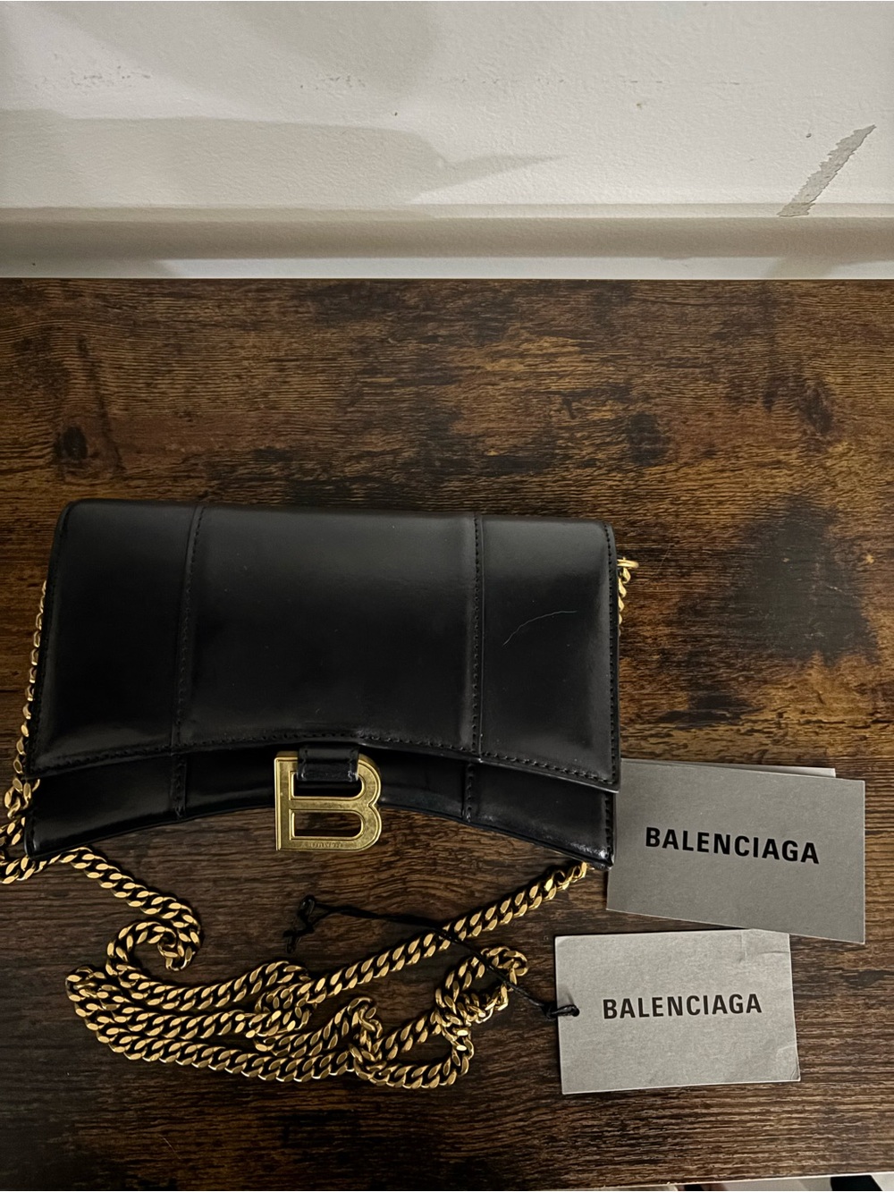 Balenciaga Black Leather BB Chain Crossbody Bag with Gold Hardware
